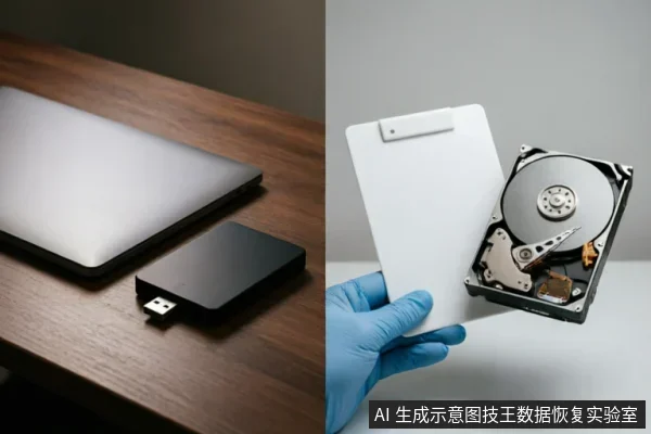 左图展示笔记本电脑旁放置的黑色移动硬盘,象征外部存储设备连接;右图显示戴蓝色手套的手持写字板与裸露机械硬盘,代表专业数据恢复中的物理检测、状态记录及开盘评估环节。