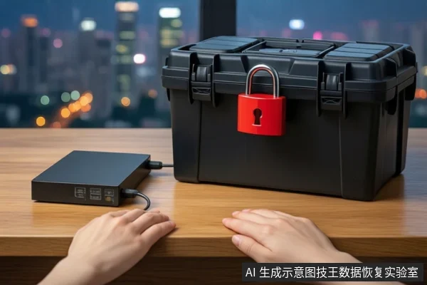 木质桌面上,左侧平放一个黑色外接硬盘盒,右侧放置一个挂有红色挂锁的黑色防震箱。前景一双裸手平放在桌边,背景为模糊的城市夜景。