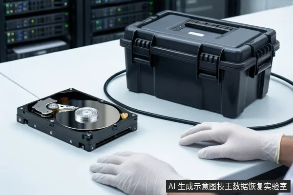 白色桌面上,前景一双戴白手套的手平放。左侧平放一块打开外壳的机械硬盘,右侧为一个闭合的黑色防震箱,两者之间有一根黑色线缆。背景为模糊的服务器机柜。
