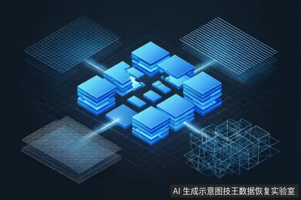 深色背景中,中央悬浮着多个蓝色立方体模块,周围环绕着线框网格和几何结构,呈现抽象的数据恢复或算法概念。