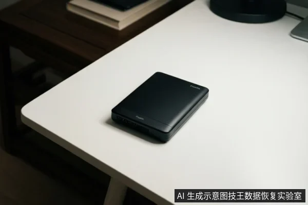 白色桌面上放置一个黑色移动硬盘，侧面可见接口，背景有书本和显示器底座。