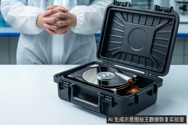 白色桌面上，一个打开的黑色防震箱内平放着一块打开外壳的机械硬盘，可见盘片和主轴。背景中一名穿白色无尘服的技术人员双手交握，处于模糊的实验室环境中。