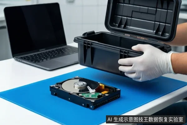 白色桌面上铺着蓝色防静电垫,中间平放一块打开外壳的机械硬盘。右侧一双戴白手套的手正握持一个打开的黑色防震箱,悬停在硬盘上方。背景是一台黑屏笔记本电脑。