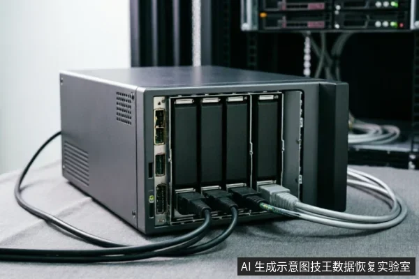 一台黑色的多盘位网络存储服务器放置在桌面上，前面板插有硬盘并连接着多条数据线和网线，背景模糊可见机架设备。