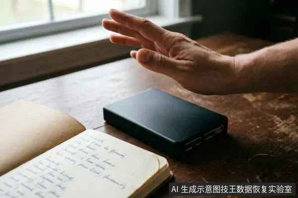 一只悬停在深色移动硬盘上方的手做出停止手势,旁边放着一本打开的笔记本,示意在硬盘故障时立即停止操作并记录状态。