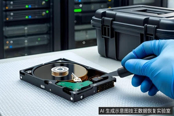 白色防静电垫上平放一块打开外壳的机械硬盘，一只戴蓝色手套的手持黑色工具靠近硬盘接口，背景可见模糊的服务器机柜和黑色防震箱。
