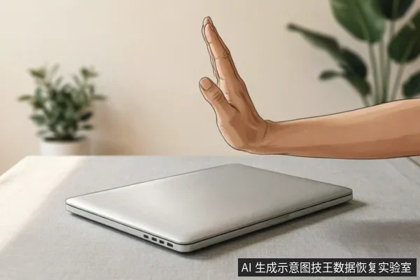 一只卡通风格的手在闭合的银色笔记本电脑上方做出“停止”手势,示意禁止操作。背景为模糊的室内环境及绿植,强调在维修前保持设备静止、严禁随意写入或通电的安全隔离原则。