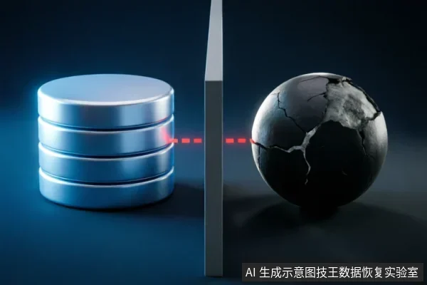 画面左侧为完好的银色圆柱形存储介质堆叠，右侧为表面布满裂纹的黑色球体。中间竖立一块灰色挡板，一道红色激光束穿透挡板连接两者，象征在硬件物理损坏与数据保全之间设立的技术屏障。