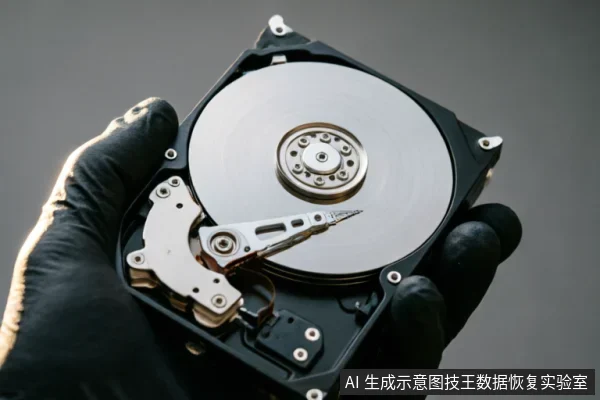 一只戴着黑色防护手套的手托举着一块已拆开外壳的机械硬盘,清晰展示了内部的金属磁盘盘片与悬停的读写磁头臂。画面直观呈现了硬盘精密的内部物理构造,暗示了专业检测或数据恢复场景下的硬件状态。