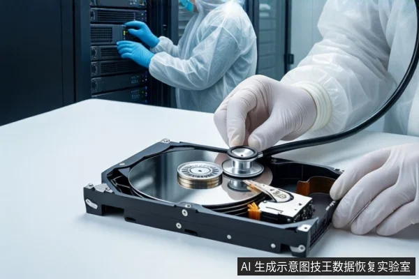 洁净室白色桌面上，前景平放一块打开外壳的机械硬盘，露出盘片与磁头组件。前景一双戴白手套的手持听诊器贴向盘片。背景中一名穿无尘服的技术人员正在操作服务器机柜。