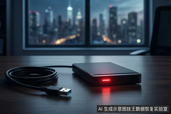木质桌面上平放一个黑色移动硬盘,正面亮着红色指示灯。左侧盘绕着一根黑色USB数据线,接口悬空未连接。背景是模糊的城市夜景窗户。