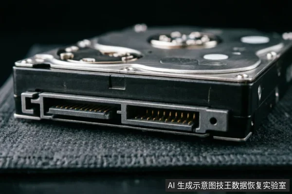 一张特写照片,展示了一块放置在深色纹理表面上的机械硬盘侧面。画面清晰聚焦于SATA数据接口和电源接口的金色针脚及金属外壳结构,背景虚化,无可见文字或标签。