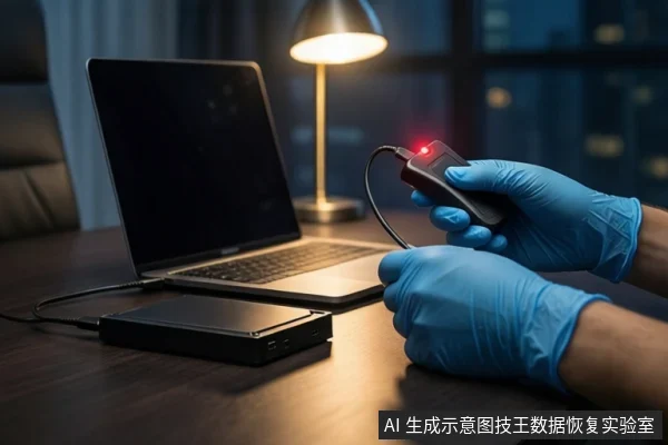 深色桌面上,左侧有一台打开的笔记本电脑和一个黑色移动硬盘,右侧一双戴蓝色手套的手正持握一个带红色指示灯的黑色USB设备,背景是模糊的台灯和窗户。
