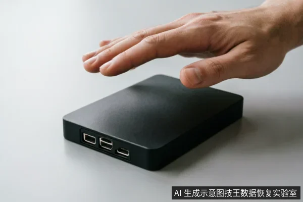 一只悬停在黑色移动硬盘上方的手,示意保持静止、不要触碰或操作设备。硬盘侧面可见USB及Type-C接口,背景简洁,直观表达故障时“保持原状、切勿操作”的止损原则。
