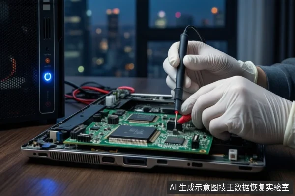 木质桌面上,戴白手套的双手正用黑色探针工具接触一台打开外壳的笔记本电脑主板上的芯片。左侧有一台亮着蓝色电源按钮的黑色塔式主机,背景为模糊的城市夜景。
