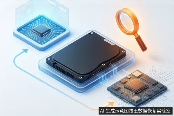白色背景上,中间平放一个黑色硬盘盒,左上角悬浮蓝色芯片图标,右下角有一块绿色电路板,右上方有一个橙色放大镜。