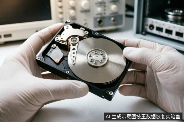 一双戴着白色防静电手套的手正托举着一块已打开外壳的机械硬盘,清晰展示内部金属磁盘与读写磁头臂结构。背景模糊可见示波器等电子测试仪器,营造出专业硬件维修或数据恢复实验室的场景氛围。