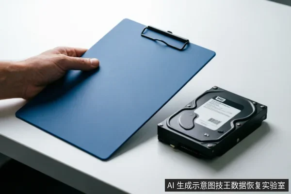 一只人手正拿着蓝色写字板,旁边桌面上放置着一块黑色的WD品牌机械硬盘。画面展示了记录工具与故障硬件并存的场景,暗示在硬件检测前记录型号、序列号及状态信息的过程。