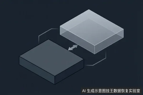 深色背景中，左下方为一块深灰色矩形硬盘，右上方为一块半透明矩形硬盘，两者之间有双向箭头和折线连接，示意数据流向或镜像关系。