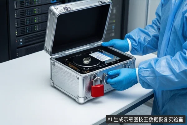 洁净室白色桌面上，穿蓝色无尘服戴蓝手套的双手正持握一个打开的银色金属防震箱，箱内平放一块裸露机械硬盘，箱体挂有红色挂锁，背景可见服务器机柜。