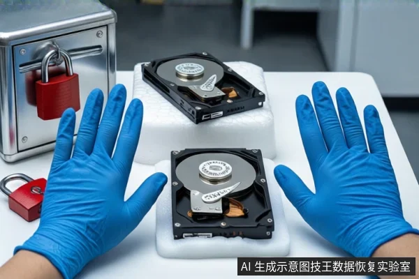 白色桌面上,前景一双戴蓝色手套的手掌心朝外做出停止手势。中间白色泡沫垫上平放两块打开外壳的机械硬盘。左侧放置一个挂有红色挂锁的银色金属防震箱。背景为模糊的室内环境。