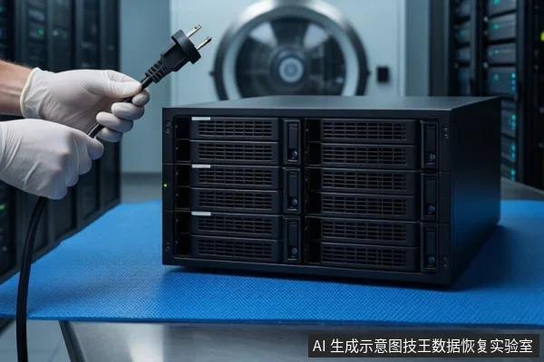 蓝色防静电垫上放置一台黑色多盘位服务器,左侧一双戴白色手套的手正握持一个黑色电源插头,背景为模糊的服务器机柜和圆形设备。