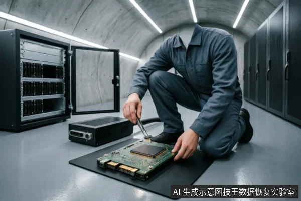 一名身穿蓝色工装的技术人员跪在洁净的隧道式机房内,正使用工具对放置于防静电垫上的绿色电路板芯片进行操作。背景可见打开的黑色服务器机柜,环境专业且整洁。