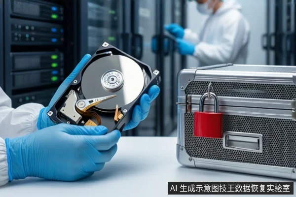 洁净室白色桌面上,戴蓝色手套的双手正持握一块打开外壳的机械硬盘,右侧为挂有红色挂锁的银色金属防震箱,背景为模糊的服务器机柜和一名穿无尘服的技术人员。