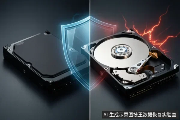 画面左右分割:左侧为闭合硬盘与蓝色盾牌,右侧为打开的机械硬盘盘片、磁头及红色闪电。