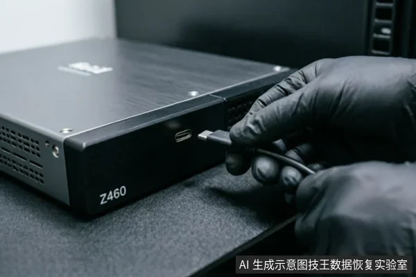戴着黑色防静电手套的手正将一根数据线插入标有Z460型号的黑色存储设备侧面接口，展示检查或连接外部线缆的操作过程。
