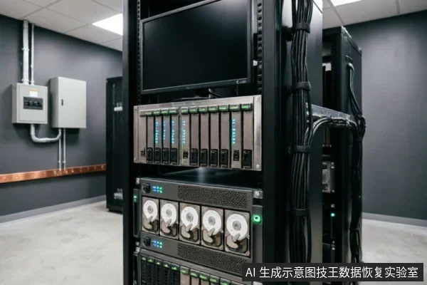 图片展示了一个专业数据恢复实验室的服务器机柜环境。画面主体为黑色机架,内部安装有带硬盘托架的存储阵列、电源模块及显示器,右侧有整齐捆扎的黑色线缆,背景可见工业配电箱与铜质接地条,体现了硬件级检测与芯片级读取的专业物理环境。