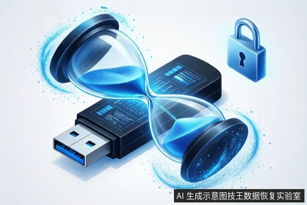 白色背景中,一个黑色U盘斜放,上方叠加一个蓝色沙漏,右上方悬浮一个蓝色挂锁图标,周围有蓝色光效。