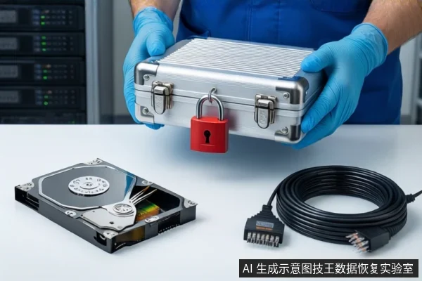洁净室白色桌面上,穿蓝色无尘服戴蓝手套的双手正持握一个挂有红色挂锁的银色金属防震箱,左下方平放一块打开外壳的机械硬盘,右下方盘绕一根黑色SATA数据线,背景可见服务器机柜。