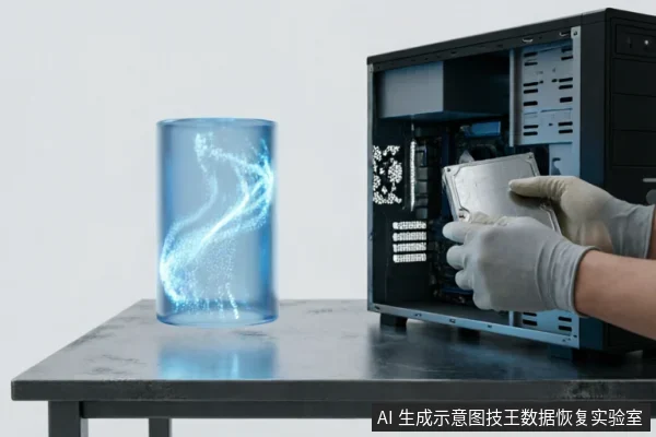 画面展示了一双戴着灰色防静电手套的手,正从打开的黑色台式机机箱内部取出一块银色机械硬盘。桌面上放置着一个发光的蓝色圆柱体全息投影装置,背景简洁,呈现出专业数据恢复或硬件检测的实验室场景。
