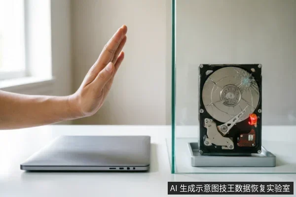 画面左侧一只手做出停止手势,隔着一块竖立的玻璃阻挡右侧被击碎屏幕的裸露硬盘,旁边放有一台闭合的笔记本电脑。该图通过视觉隐喻生动展示了面对硬件故障时“立即停止干预”的核心原则,与段落强调的避免主动操作、保护数据原始状态的主题高度契合。