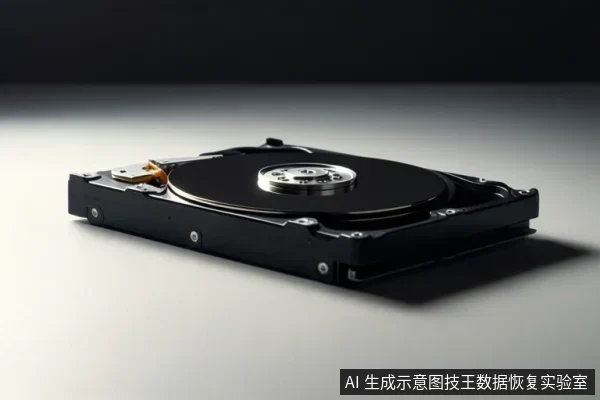 白色台面上平放一块打开外壳的机械硬盘,可见黑色盘片、中心主轴、磁头臂与固定螺丝,背景为深色渐变。
