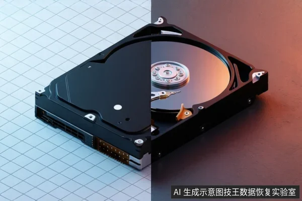 画面左右分割:左侧为白色网格背景上的黑色机械硬盘外壳,右侧为暖色背景下的机械硬盘内部结构,可见盘片、主轴和磁头臂。