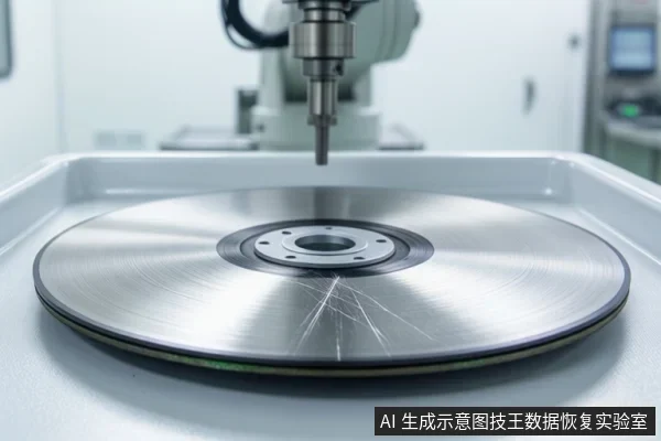无尘环境中，机械臂探针悬停在一张带有明显划痕的金属硬盘盘片上方，盘片中心有固定孔，背景为模糊的实验室设备。