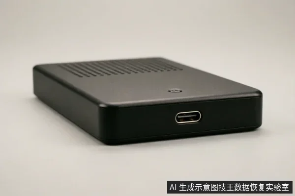 一张黑色长方形移动硬盘盒的侧面特写,清晰展示了USB Type-C接口及顶部的散热格栅设计,背景为纯净的灰白色。