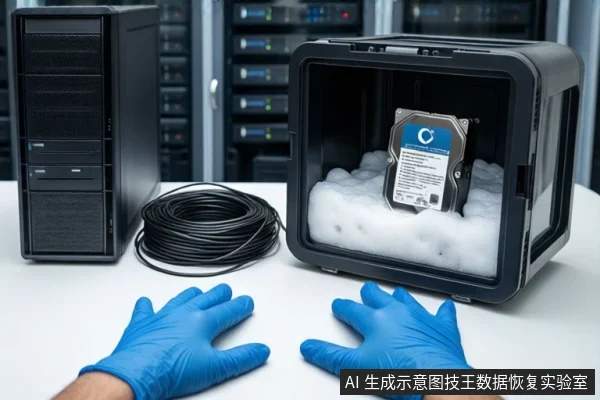 白色桌面上,左侧是一台黑色台式主机和盘绕的黑色线缆,右侧是一个打开的黑色防震箱,箱内白色泡沫中固定着一块机械硬盘。前景一双戴蓝色手套的手平放在桌面上。背景为模糊的服务器机柜。