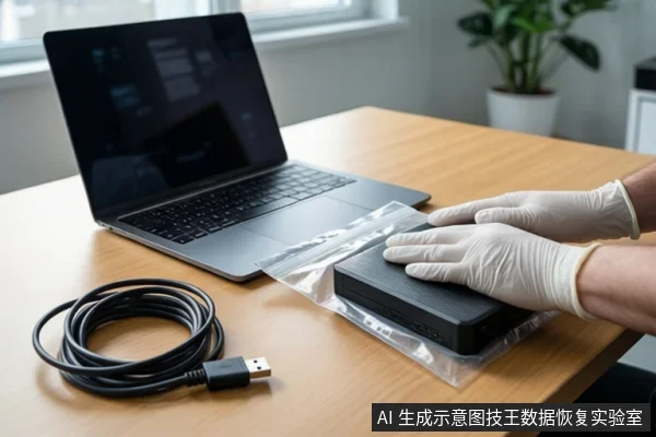 木质桌面上放置一台打开的笔记本电脑,屏幕显示深色界面。左侧盘绕着一根黑色USB线缆。右侧一双戴白色手套的手正扶着一个装有黑色硬盘的透明自封袋。背景为模糊的窗户和绿植。