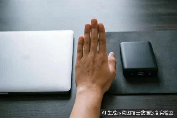 一只手掌悬停在闭合的银色笔记本电脑与黑色移动硬盘之间,掌心向下,示意停止或阻断操作。画面通过肢体语言传达在数据恢复过程中遇到物理故障时应立即停止通电和扫描的原则。