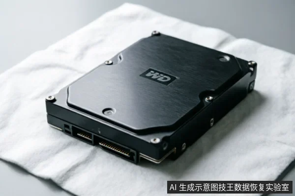 一块黑色的西部数据（WD）机械硬盘静置于白色折叠软布上，侧面清晰可见SATA数据接口与电源接口。画面无连接线缆，背景简洁，突出了硬盘本体及其接口细节。