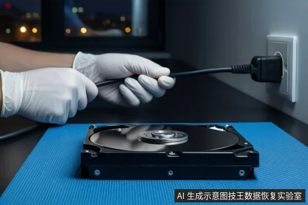 蓝色防静电垫上平放一块裸露的机械硬盘,一双戴白色手套的手正握持黑色电源线,将其插头插入右侧墙壁插座。背景为模糊的窗户和夜景灯光。