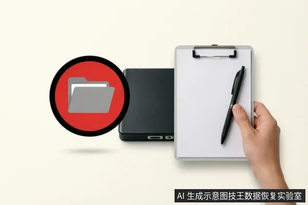 画面展示了一个黑色外接移动硬盘,左侧叠加了红底灰色的文件夹图标。右侧一只手握笔在写字板上记录,示意对硬件故障进行状态记录与排查,而非进行系统操作。