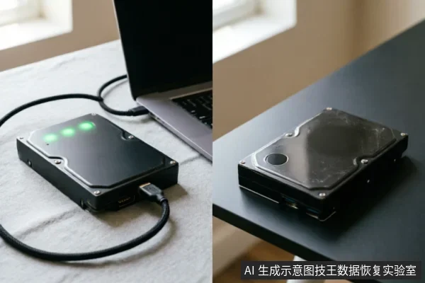 左图展示连接笔记本电脑的黑色移动硬盘,指示灯亮起绿色;右图为放置在桌面上的裸露机械硬盘。画面呈现了硬盘的外部连接状态与内部硬件结构,用于辅助说明故障排查时的外观检查环节。