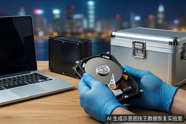 木质桌面上，戴蓝色手套的双手正持握一块打开外壳的机械硬盘，可见盘片、主轴和磁头臂，左侧有一台屏幕关闭的笔记本电脑，右侧为银色金属防震箱，背景为模糊的城市夜景。