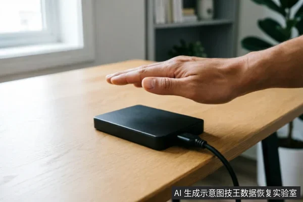 一只悬停在连接着线缆的黑色移动硬盘上方的手，示意停止操作。背景为木质桌面和书架，画面传达出切断电源、避免进一步通电尝试的警示含义。