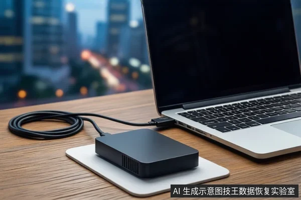 木质桌面上,一台银色笔记本电脑通过黑色线缆连接至白色垫子上的黑色方形存储设备,背景为模糊的城市夜景。