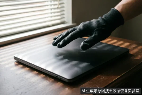 一只戴着黑色防护手套的手正悬停在一台闭合的银灰色笔记本电脑上方，电脑放置在木质桌面上，背景有百叶窗投下的条纹光影。